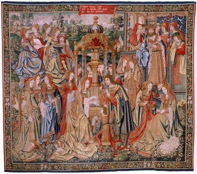 Flamandzki gobelin. Seria Historia Dawida i Batszeby. Batseba w swojej kąpieli (Betsabé en el bano sorprendida por David). Pierwszy panel serii. Model Anonimowy. Nieznana produkcja, Bruksela autorstwa Flemish School