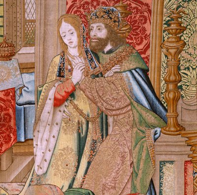 Flamandzki gobelin. Seria Historia Dawida i Batszeby. Małżeństwo Dawida i Batszeby (Casamiento de David y Betsabé). Drugi panel serii. Model Anonimowy. Producent nieznany, Bruksela. 1505. Tkanina Złoto, jedwab i wełna. autorstwa Flemish School