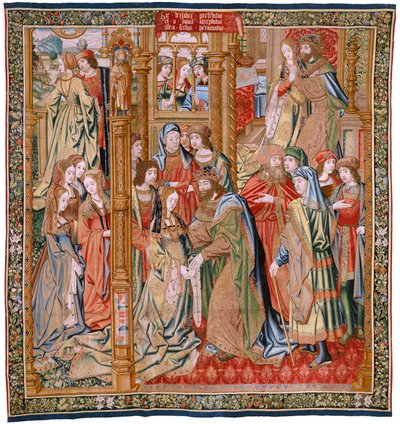 Flamandzki gobelin. Seria Historia Dawida i Batszeby. Małżeństwo Dawida i Batszeby (Casamiento de David y Betsabé). Drugi panel serii. Model Anonimowy. Producent nieznany, Bruksela. 1505. Tkanina Złoto, jedwab i wełna. autorstwa Flemish School
