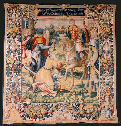 Flamandzki gobelin. Seria Historia Hannibala. Hannibal we Włoszech (Aníbal en Italia). Trzeci gobelin z zachowanych. Modele Anonimowy mistrz Holandii. Produkcja w Brukseli, warsztat. Około 1570. Tkanina Wełna i jedwab. 6,5/7 wypaczeń na cm. Rozmiar autorstwa Flemish School