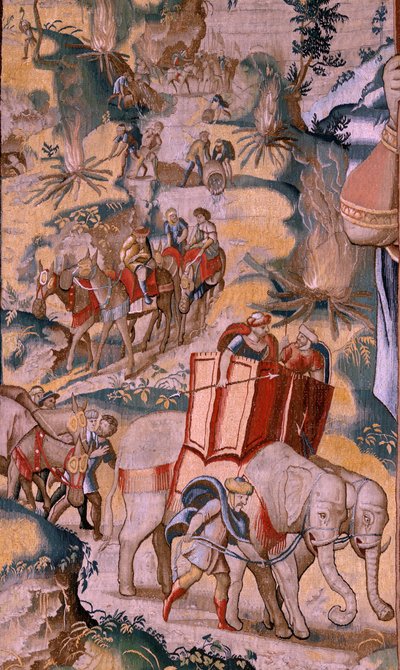 Flamandzki gobelin. Seria Historia Hannibala. Przeprawa przez Alpy (Paso de los Alpes). Drugi gobelin z zachowanych. Modele Anonimowy mistrz Holandii. Produkcja w Brukseli, warsztat. Około 1570. Tkanina Wełna i jedwab, 6,5/7 osnowy per autorstwa Flemish School