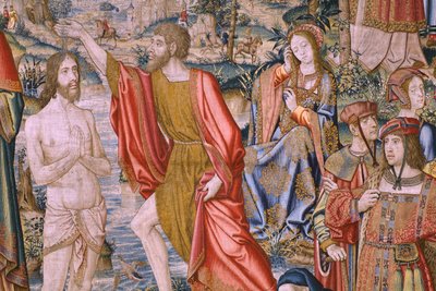 Flamandzki gobelin. Seria Historia św. Jana Chrzciciela: Chrzest Chrystusa (Het doopsel van Christus). Atelier w Brukseli. 1515-1520. autorstwa Flemish School