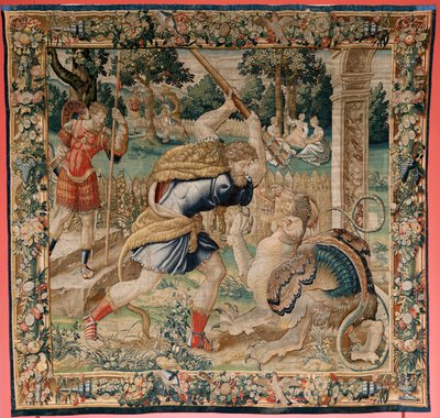 Flamandzki gobelin. Seria Prac Herkulesa. Herkules w Ogrodzie Hesperydów (Hércules en el jardín de las Hesperides). Piąty gobelin z istniejącej serii. Model nieznany. Manufaktura Willem Dermoyen, Bruksela. Około 1528. Tkanina Jedwab i wełna. autorstwa Flemish School