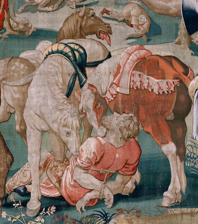 Flamandzki gobelin. Seria Prac Herkulesa. Konie Diomedesa (Los caballos de Diomedes). Trzeci gobelin z istniejącej serii. Model nieznany. Manufaktura Willem Dermoyen, Bruksela. Ca1528. Tkanina Jedwab i wełna. Rozmiar 350 x 400 cm. Lokalizacja Royal autorstwa Flemish School