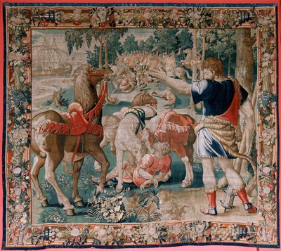 Flamandzki gobelin. Seria Prac Herkulesa. Konie Diomedesa (Los caballos de Diomedes). Trzeci gobelin z istniejącej serii. Model nieznany. Manufaktura Willem Dermoyen, Bruksela. Ca1528. Tkanina Jedwab i wełna. Rozmiar 350 x 400 cm. Lokalizacja Royal autorstwa Flemish School