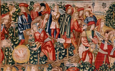 Flamandzki gobelin. Seria Przypowieść o robotnikach w winnicy. Płatność denara (El pago del denario). Drugi gobelin w serii. Manufaktura Bruksela, warsztaty Pietera van Aelsta (?). Około 1500. Tkanina Jedwab i wełna, 6 osnów na cm. autorstwa Flemish School