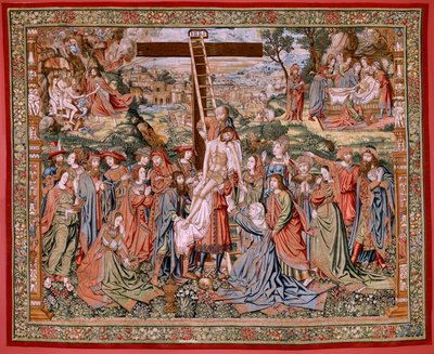 Flamandzki gobelin. Seria Męka Chrystusa. Zejście z krzyża (Descendimiento). Druga seria gobelinów Męki Pańskiej należąca do Patrimonio Nacional. Wzorcowi rysownicy z kręgu Jana van Roome. Produkcja Pieter va autorstwa Flemish School