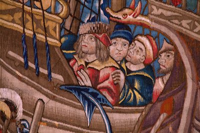 Flamandzki gobelin. Seria Portugalczycy w Indiach: Przybycie do Kalikatu (Od Aankomst w Kalikacie, Llegado de Vasco de Gama do Lizbony). Ca 1510. Kolekcja Caixa Geral de Depósitos, Lizbona. Szczegół. autorstwa Flemish School