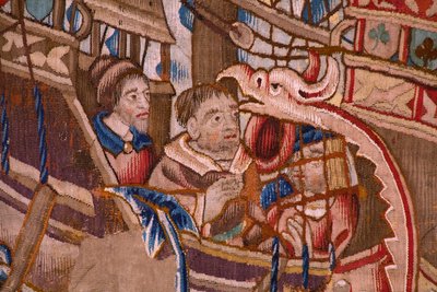Flamandzki gobelin. Seria Portugalczycy w Indiach: Przybycie do Kalikatu (Od Aankomst w Kalikacie, Llegado de Vasco de Gama do Lizbony). Ca 1510. Kolekcja Caixa Geral de Depósitos, Lizbona. Szczegół. autorstwa Flemish School