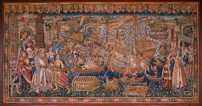 Flamandzki gobelin. Seria Portugalczycy w Indiach: Przybycie do Kalikatu (Od Aankomst w Kalikacie, Llegado de Vasco de Gama do Lizbony). Ca 1510. Kolekcja Caixa Geral de Depósitos, Lizbona. autorstwa Flemish School