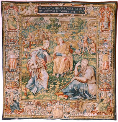 Flamandzki gobelin. Seria Siedem cnót. Wstrzemięźliwość (La Templanza). Model oparty na Michielu Coxcie. Produkcja Bruksela. Produkcja: Frans Geubels. Ca1560-1570. Tkanina Jedwab i wełna. Rozmiar 330 x 320 cm. Lokalizacja Katedra w Burgos. Pochodzenie Zapi autorstwa Flemish School