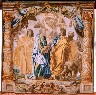 Flamandzki gobelin. Seria Triumf Eucharystii. Czterech ewangelistów (Los cuatro evangelistas). Jedenasty gobelin w serii. Model Peter Paul Rubens. 1626-1628. Manufaktura Jan II Raes, Hans Vervoert, Jacques Fobert, Bruksela autorstwa Flemish School