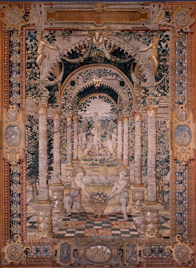 Flamandzki gobelin. Seria Vertumnus i Pomona. Siódmy gobelin z serii; Vertumnus przekształcony w rybaka (część środkowa). Modele Koło Pietera Coecke Van Aelsta i Leonarda Thiry. Manufaktura Nieznany warsztat, Bruksela. Przed 1550. Tkanina Go autorstwa Flemish School