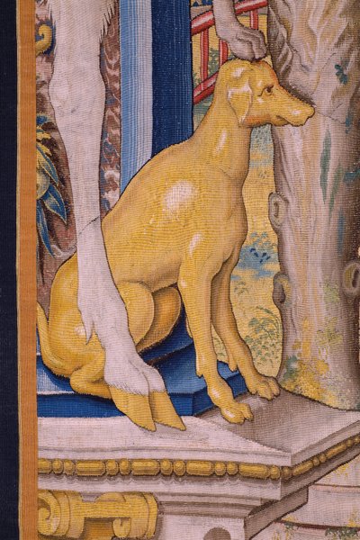 Flamandzki gobelin. Seria Vertumnus i Pomona: Vertumnus przekształcony w rolnika (Vertumnus jako rolnik, Vertumno transformado i rolnik). Studio Willema de Pannemakera. ok. 1545-1550. Szczegół. autorstwa Flemish School