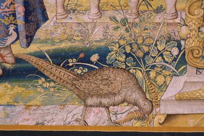 Flamandzki gobelin. Seria Vertumnus i Pomona: Vertumnus przekształcony w rolnika (Vertumnus jako rolnik, Vertumno transformado i rolnik). Studio Willema de Pannemakera. ok. 1545-1550. Szczegół. autorstwa Flemish School