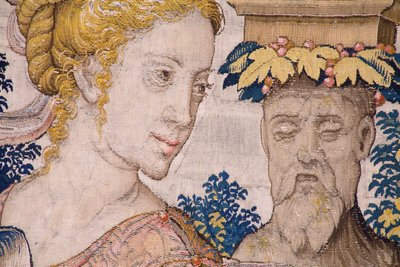 Flamandzki gobelin. Seria Vertumnus i Pomona: Vertumnus przekształcony w rolnika (Vertumnus jako rolnik, Vertumno transformado i rolnik). Studio Willema de Pannemakera. ok. 1545-1550. Szczegół. autorstwa Flemish School