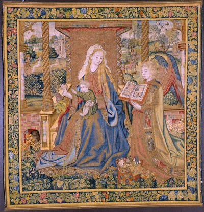 Flamandzki gobelin. Dziewica z Dzieciątkiem i aniołami (Dziewica z Dzieciątkiem i Aniołem, Maryja spotkała Kind in engelen). Około autorstwa Flemish School