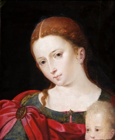 Głowa i ramiona dziewczyny w czerwonym płaszczu na niebieskiej sukience, ok. 1550 (olej na desce, dąb) autorstwa Flemish School