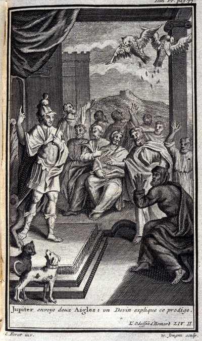 Jowisz wysyła dwa orły: smoczek wyjaśnia to cudowne dziecko. Lustracja do II księgi Odysei Homere, w Odyssee, wydanej w Amsterdamie w 1731, Collection privee Milan. autorstwa Flemish School
