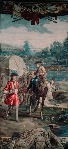 Pejzaż ze sceną bitwy i koniem i wozem na pierwszym planie, z cyklu "Nauka wojskowa", Warsztat Judocusa de Vosa, ok. 1715-24 (gobelin) autorstwa Flemish School
