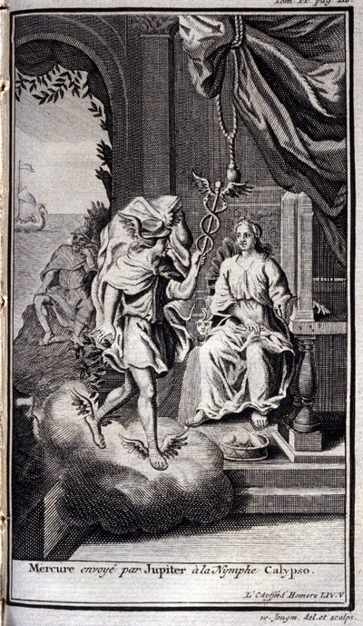 Merkury wysłany przez Jowisza do nimfy Kalipso. Ilustracja do księgi V Odysei Homera w Odysei, wydanej w Amsterdamie w 1731 r., Collection privee Milan. autorstwa Flemish School