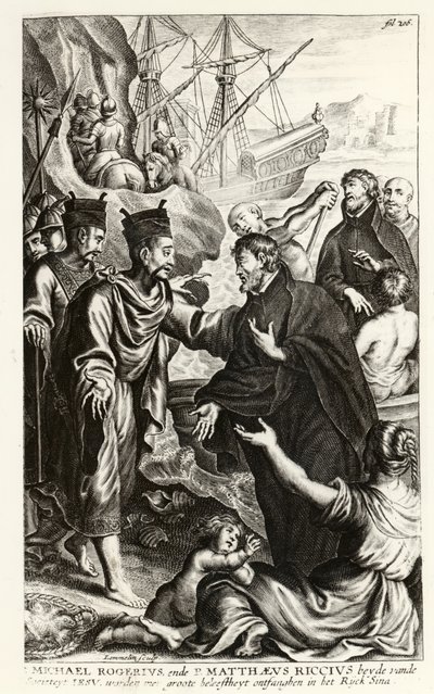 Michael Rogerius (1543-1607) i Matthaeus Riccius (1552-1610) przybywający na wybrzeże Chin, ilustracja z historii Kościoła autorstwa P. Corneliusa Hazarta, opublikowana w Antwerpii, 1668 autorstwa Flemish School