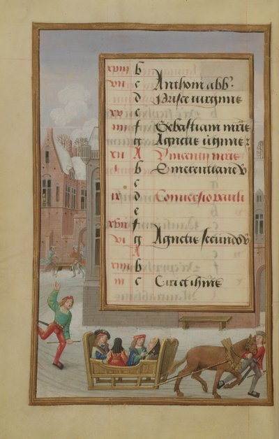 Ms 1058-1975 f1v Scena uliczna w śniegu, oświetlona strona kalendarza na styczeń, z Księgi godzin, ok. 1500 autorstwa Flemish School