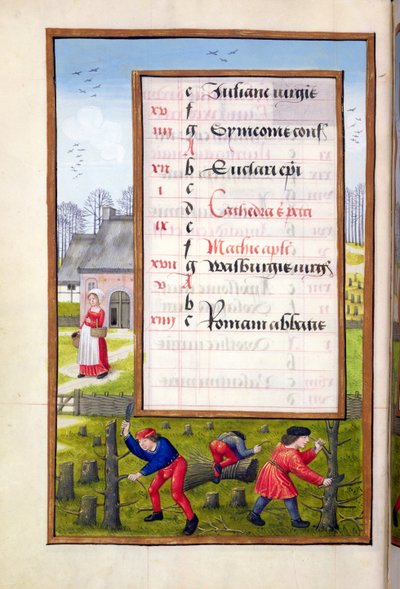 Ms 1058-1975 f2v Wycinanie drzew i wiązanie pedałów, z Księgi godzin, ok. 1500 autorstwa Flemish School