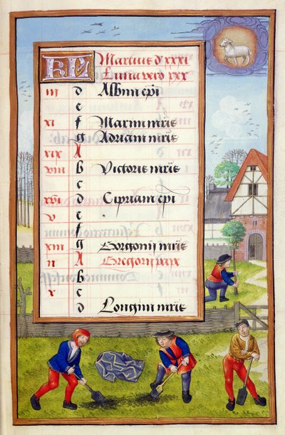 Ms 1058-1975 f3r Kopanie i sadzenie drzew, podświetlana strona kalendarza na marzec, z Księgi godzin, ok. 1500 autorstwa Flemish School