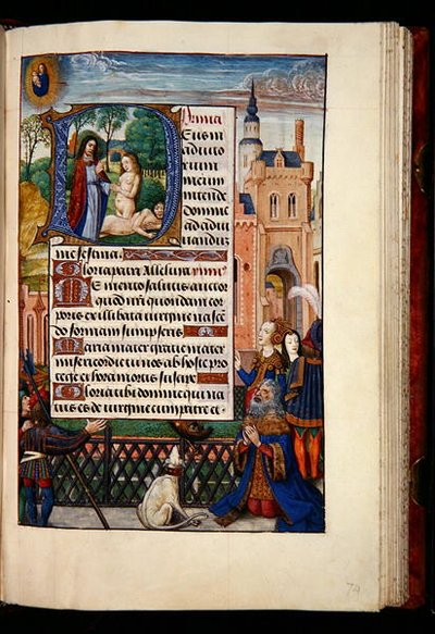 Ms 1058-1975, f.74r: Król Dawid modlący się do Dziewicy z Dzieciątkiem i historyczny inicjał D przedstawiający stworzenie Ewy, z Godzinki, Brugia, ok. 1510 (złoty tusz i tempera na pergaminie) autorstwa Flemish School