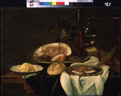 "Martwa natura" (Martwa natura) Szynka, chleb i masło. Malarstwo holenderskie w szkole. 1650 Muzeum Sztuki Michaiła Kroszyckiego, Sewastopol (Sewastopol) Ukraina autorstwa Flemish School