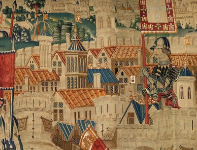 Muzeum Parafialne Gobelinów (Muzeum Parafialne Gobelinów Pastrana). Flamandzki gobelin. Conquest of Tanger (Zdobywanie Tangeru, De inname van Tanger). Seria Podboje króla Portugalii Alfonsa I. Turniej. Wełna i jedwab autorstwa Flemish School