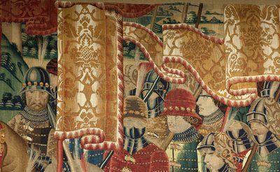Muzeum Parafialne Gobelinów (Muzeum Parafialne Gobelinów Pastrana). Flamandzki gobelin. Conquest of Tanger (Zdobywanie Tangeru, De inname van Tanger). Seria Podboje króla Portugalii Alfonsa I. Turniej. Wełna i jedwab autorstwa Flemish School