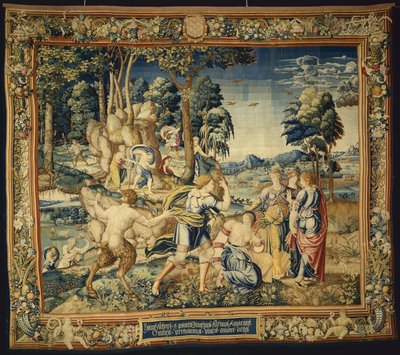 Pomona zaskoczona przez Vertumnusa i innych zalotników, z Historii Vertumnusa i Pomony, 1535-40 autorstwa Flemish School