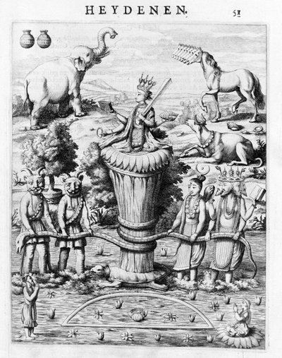 Samudramathana z udziałem Devy (Surya, Shiva, Vishnu, Brahma) z demonami i wierzchowcami. Według Baldaeusa Philippusa Afgoderye der oost-indische Heydenen. Amsterdam 1672 autorstwa Flemish School
