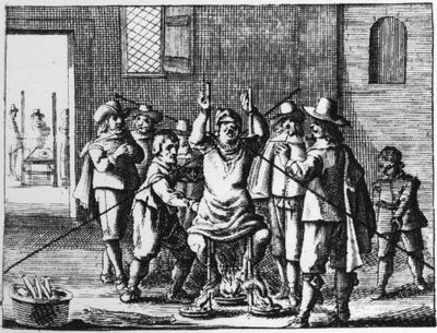 Czarownik, któremu torturowany jest naszyjnik - rycina 1725 w „”La Sorcellerie demasquee”” (