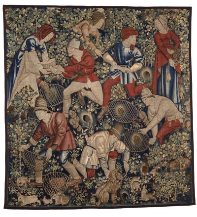 Gobelin przedstawiający chłopów polujących na króliki z fretkami, Tournai, ok. 1450-75 (wełna) autorstwa Flemish School