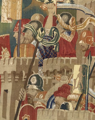 Gobelin przedstawiający podboje króla Portugalii Alfonsa V (Conquistas de Alfonso V de Portugal), Tournai. Szczegół. (Wełna i jedwab) autorstwa Flemish School