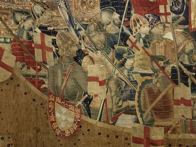 Gobelin przedstawiający podboje króla Portugalii Alfonsa V (Conquistas de Alfonso V de Portugal), Tournai. Szczegół. (Wełna i jedwab) autorstwa Flemish School