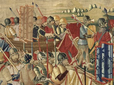 Gobelin przedstawiający podboje króla Portugalii Alfonsa V (Conquistas de Alfonso V de Portugal), Tournai. Szczegół. (Wełna i jedwab) autorstwa Flemish School