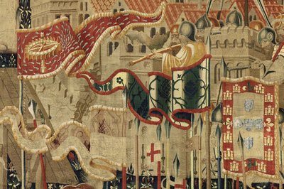 Gobelin przedstawiający podboje króla Portugalii Alfonsa V (Conquistas de Alfonso V de Portugal), Tournai. Szczegół. (Wełna i jedwab) autorstwa Flemish School