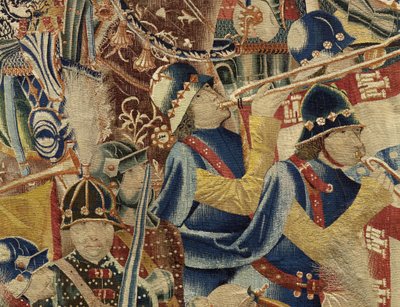 Gobelin przedstawiający podboje króla Portugalii Alfonsa V (Conquistas de Alfonso V de Portugal), Tournai. Szczegół. (Wełna i jedwab) autorstwa Flemish School