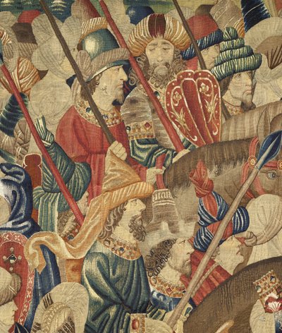 Gobelin przedstawiający podboje króla Portugalii Alfonsa V (Conquistas de Alfonso V de Portugal), Tournai. Szczegół. (Wełna i jedwab) autorstwa Flemish School