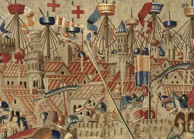Gobelin przedstawiający podboje króla Portugalii Alfonsa V (Conquistas de Alfonso V de Portugal), Tournai. Szczegół. (Wełna i jedwab) autorstwa Flemish School