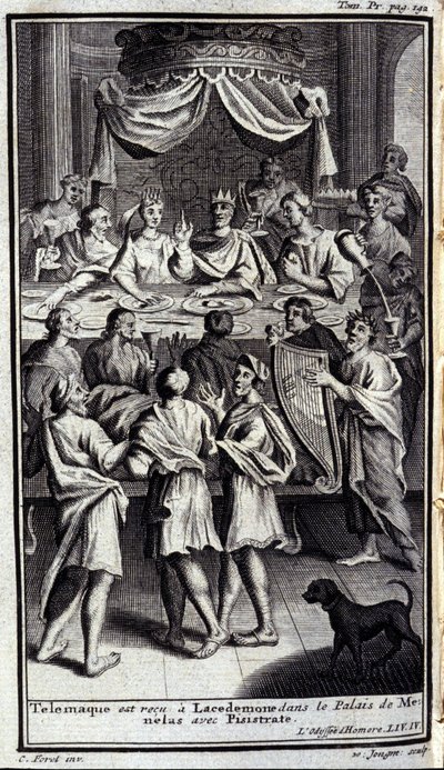 Telemaque jest odbierany w Lacedemone w pałacu Menelasa z Pisistratem. Ilustracja do księgi IV Odysei Homere, w Odyssee, wydanej w Amsterdamie w 1731 roku w Mediolanie. autorstwa Flemish School