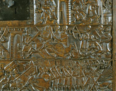 Skrzynia Courtrai przedstawiająca powstanie w Brugii 18 maja podczas bitwy o Złote Ostrogi stoczonej w Courtrai w 1302 roku (drewno) (szczegół) autorstwa Flemish School