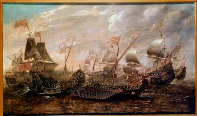 Niezwyciężona Armada Morska bitwa, w której hiszpańska armada pokonała flotę angielską w sierpniu 1588 r., szkoła flamandzka autorstwa Flemish School
