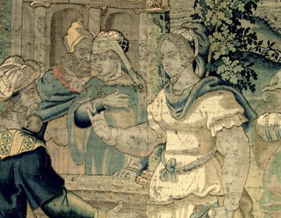 Córki Jetra opowiadają ojcu o spotkaniu z Mojżeszem (detal z 181718) autorstwa Flemish School