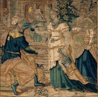 Zbiory uniwersyteckie. Flamandzki gobelin. Córki Jetro opowiadają ojcu o spotkaniu z Mojżeszem. Szczegół. Oudenaarde. ok. 1550. autorstwa Flemish School