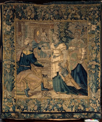 Zbiory uniwersyteckie. Flamandzki gobelin. Córki Jetro opowiadają ojcu o spotkaniu z Mojżeszem. Oudenaarde. ok. 1550. autorstwa Flemish School